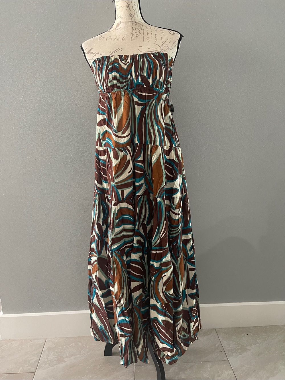 Anthropologie Nouveau Brown & Teal Strapless Maxi Dress